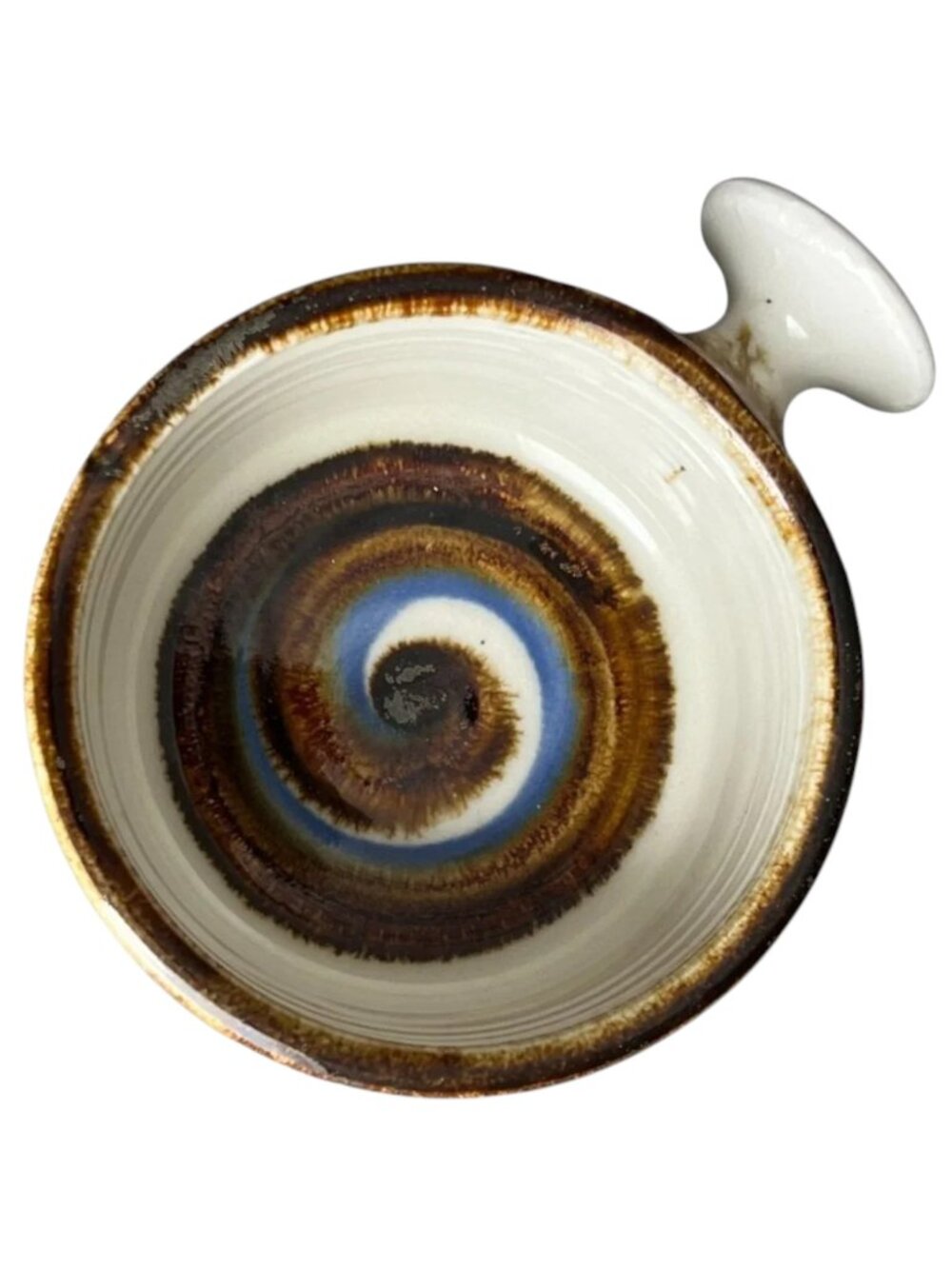 Vtg FRED EVANGEL Stoneware Art Pottery Bowl w Handle Soup Interior Blue Swirl 5"
